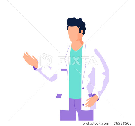Doctor in medical gown raises his hand and says. Health care hospital worker, therapist, paramedic 76538503