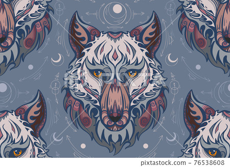 Multicolored heads of wolves with boho decoration and sacred symbols on a gray background. Seamless pattern with contour tribal drawing of predators. Vector texture with animals. 76538608