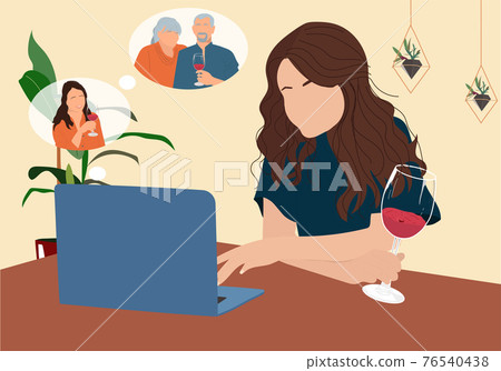 The girl alone drinks wine at home and communicates with her family. 76540438
