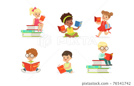 Cute Boys and Girls Reading Books Set, Kids Sitting on Floor Enjoying of Reading Literature and Learning Cartoon Vector Illustration 76541742