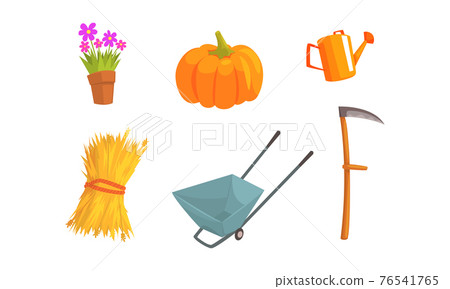 Gardening and Farming Tools Set, Watering Can, Shovel, Flowerpot, Pumpkin, Wheelbarrow Cartoon Vector Illustration 76541765