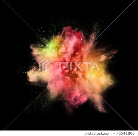 Explosion of colored, fluid and neoned powder on black studio background with copyspace 76541802