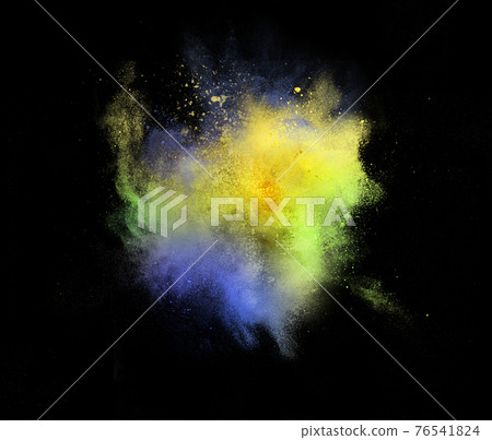 Explosion of colored, fluid and neoned powder on black studio background with copyspace Explosion of colored, fluid and neoned powder on black studio background with copyspace 76541824