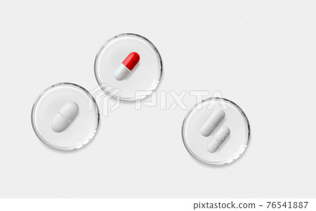 Red white, white and capsule with granules pills in glass transparent petri dish isolated 3d 76541887