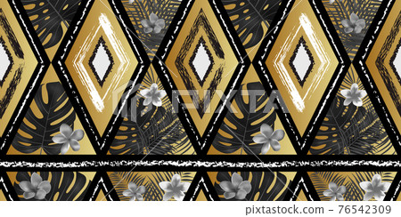 Seamless black, white and golden tropical vector pattern with orchid flowers and exotic palm leaves, grunge rhombus. Vector 76542309