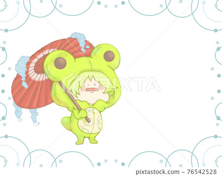Frog holding a Japanese umbrella with a Japanese-style water crest frame in the rainy season Scarlet ver 76542528