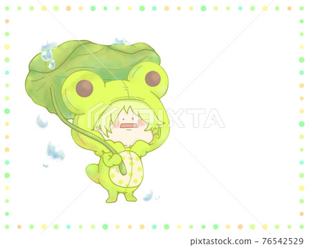 Frog holding a leaf umbrella with a rainy season dot frame Green ver 76542529