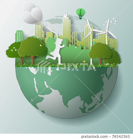 Green renewable energy ecology technology power saving environmentally friendly concepts, girl run and hold balloons in parks near city on globe Green renewable energy ecology technology power saving environmentally friendly concepts, girl run and hold balloons in parks near city on globe 76542563