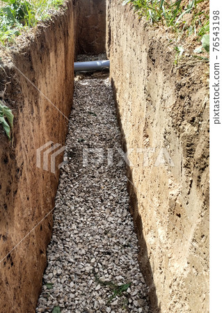 Gravel trench for drainage and drainage, drainage around the house. Gravel trench for drainage and drainage, drainage around the house. 76543198