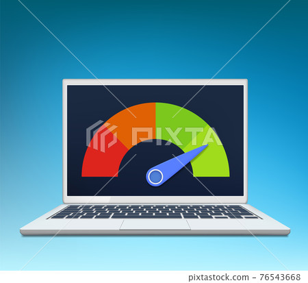 Laptop screen with internet speed test arrow. 76543668