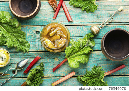 Rhubarb jam with fresh rhubarb,top view Rhubarb jam with fresh rhubarb,top view 76544078