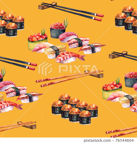 Seamless pattern japanese food on board and chopsticks watercolor Seamless pattern japanese food on board and chopsticks watercolor 76544604