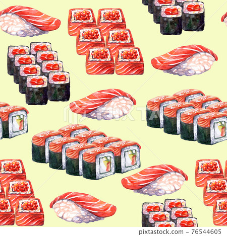Seamless pattern with japanese food sushi and rolls watercolor green Seamless pattern with japanese food sushi and rolls watercolor green 76544605