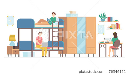 Cartoon Color Characters People and College Dormitory Interior Inside Concept. Vector Cartoon Color Characters People and College Dormitory Interior Inside Concept. Vector 76546131