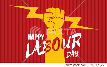 Happy labour day vector label with strong orange fist isolated on red horizontal background. vector happy labor day background or horizontal banner with man hand. red workers may day poster Happy labour day vector label with strong orange fist isolated on red horizontal background. vector happy labor day background or horizontal banner with man hand. red workers may day poster 76547127