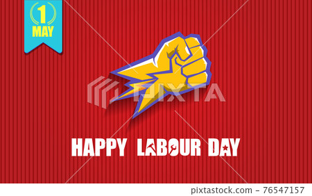 Happy labour day vector label with strong orange fist isolated on red horizontal background. vector happy labor day background or horizontal banner with man hand. red workers may day poster Happy labour day vector label with strong orange fist isolated on red horizontal background. vector happy labor day background or horizontal banner with man hand. red workers may day poster 76547157