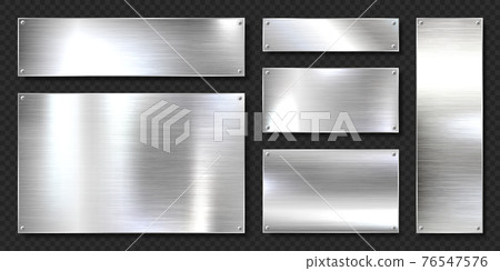 Realistic shiny metal banners set. Brushed steel plate with screws. Polished silver metal surface 76547576