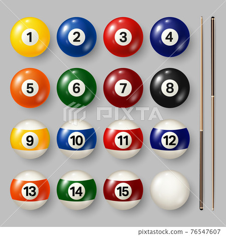 Colorful billiard, pool balls with numbers on gray background. Realistic glossy snooker ball. Vector Colorful billiard, pool balls with numbers on gray background. Realistic glossy snooker ball. Vector 76547607