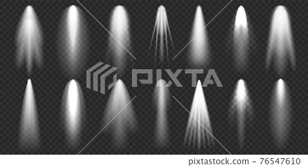 Spotlights collection. Bright light beam. Transparent realistic effect. Stage lighting. Glowing 76547610