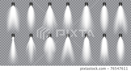 Illuminated studio spotlights collection. Bright light beam. Transparent realistic effect. Stage Illuminated studio spotlights collection. Bright light beam. Transparent realistic effect. Stage 76547611