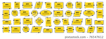 Set of yellow isolated quote frames. Speech bubbles with quotation marks. Blank text box and quotes 76547612