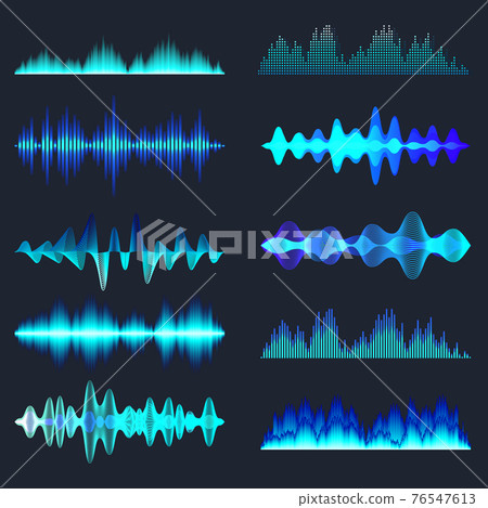 Blue colorful sound waves collection. Analog and digital audio signal. Music equalizer. Interference 76547613