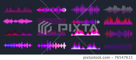 Colorful sound waves collection. Analog and digital audio signal. Music equalizer. Interference 76547615