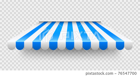 Blue shop sunshade on transparent background. Realistic striped cafe awning. Outdoor market tent 76547700