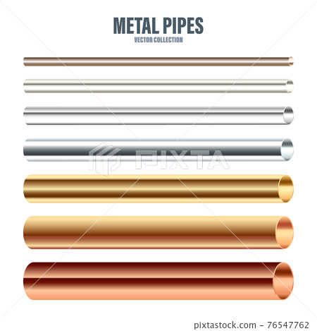 Steel and copper pipes collection. Construction material. Polished metal texture. Silver gradient 76547762