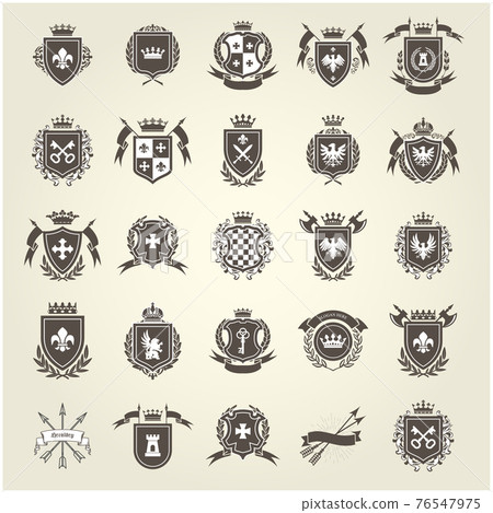 Medieval royal coat of arms, knight emblems, heraldic shield crest and blazons set, vector 76547975