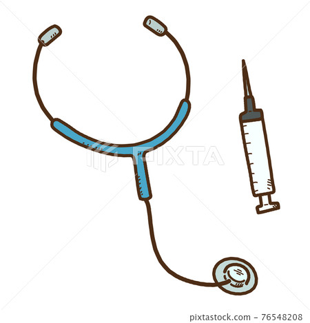 Illustration of a simple hand-drawn syringe and stethoscope with a main line 76548208