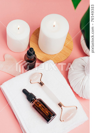 Natural organic cosmetics bottle of oil, cream, clay, salt, massage tool gua sha accessories flat layout copy space Natural organic cosmetics bottle of oil, cream, clay, salt, massage tool gua sha accessories flat layout copy space 76549383
