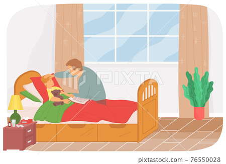 Dad take care and heal of his sick son. Man checks temperature of boy with Teddy bear in bedroom Dad take care and heal of his sick son. Man checks temperature of boy with Teddy bear in bedroom 76550028
