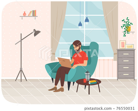 Young man sitting on armchair with laptop, studying remotely, watches social media, serfing Internet Young man sitting on armchair with laptop, studying remotely, watches social media, serfing Internet 76550031