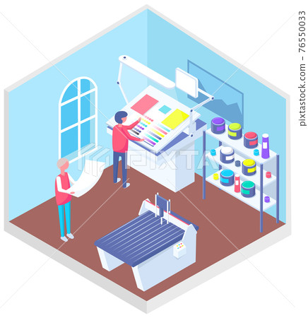 People working with equipment and shelving with paints. Office technique vector illustration People working with equipment and shelving with paints. Office technique vector illustration 76550033