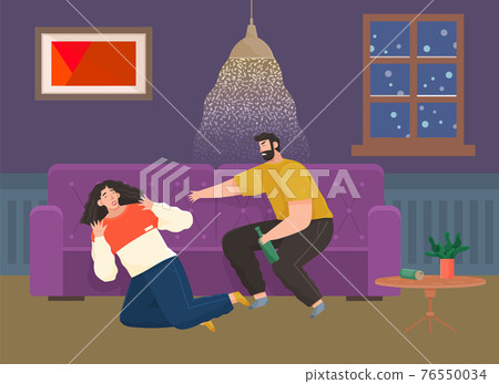 Drunk man scolding his wife while drinking booze. Arguing, reprimanding, having argument fight 76550034