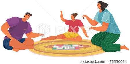 Cheerful family plays board games. Joyful man and women sit together at rug and communicate Cheerful family plays board games. Joyful man and women sit together at rug and communicate 76550054