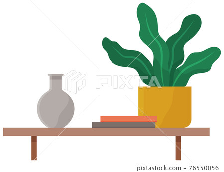 Shelving for books and potted plant. Hanging shelf with interior elements and decorations for room Shelving for books and potted plant. Hanging shelf with interior elements and decorations for room 76550056