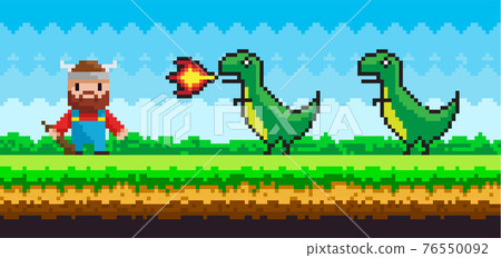 Pixelated background with viking and dinosaurs in natural landscape. Man fighting dragons with fire 76550092
