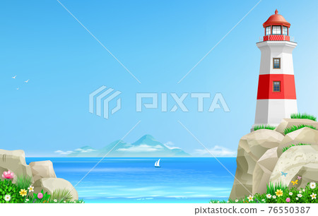 Landscape with lighthouse on background of the sea Landscape with lighthouse on background of the sea 76550387