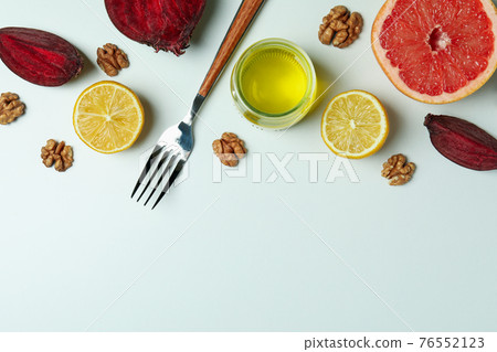 Concept of tasty eating with beet and different food on white background 76552123