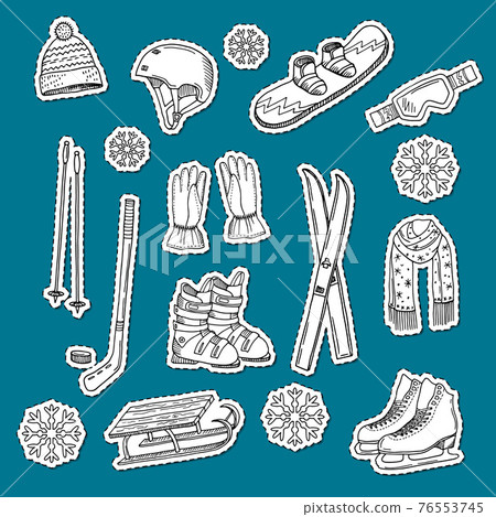 hand drawn contoured winter sports equipment and attributes stickers 76553745