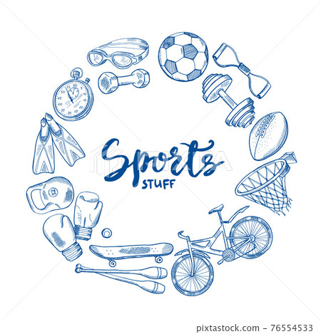 hand drawn sports tools circle concept with lettering in center 76554533