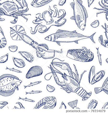 hand drawn contoured seafood elements pattern 76554879