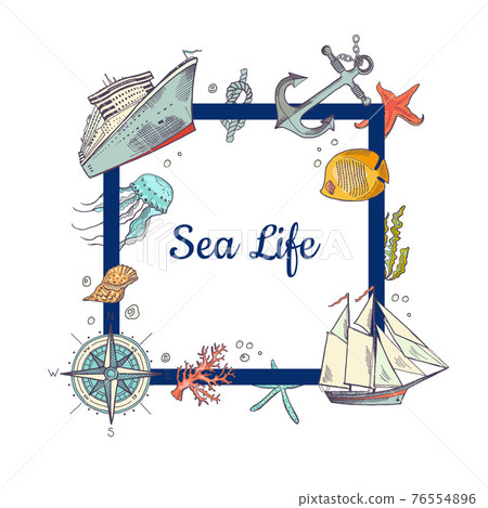 frame with place for text and sketched sea frame with place for text and sketched sea 76554896
