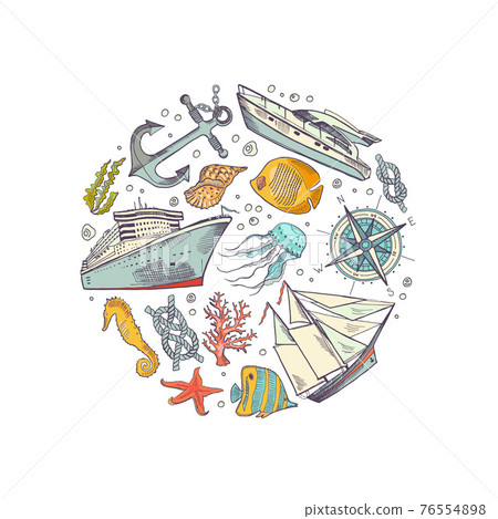 sketched sea elements circle concept illustration 76554898
