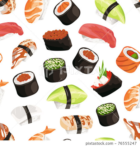 cartoon sushi types pattern 76555247