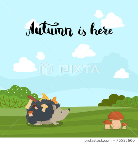 concept illustration with hedgehog with mushrooms on back on landscape with bushes background concept illustration with hedgehog with mushrooms on back on landscape with bushes background 76555600
