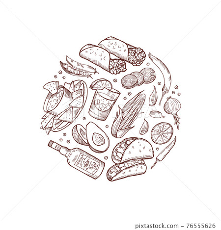 sketched mexican food elements in form of circle illustration sketched mexican food elements in form of circle illustration 76555626