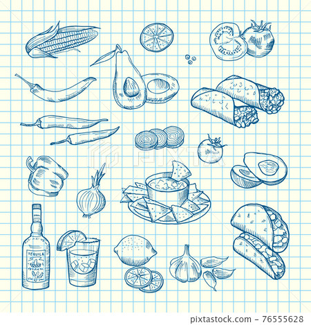 sketched mexican food elements set background 76555628